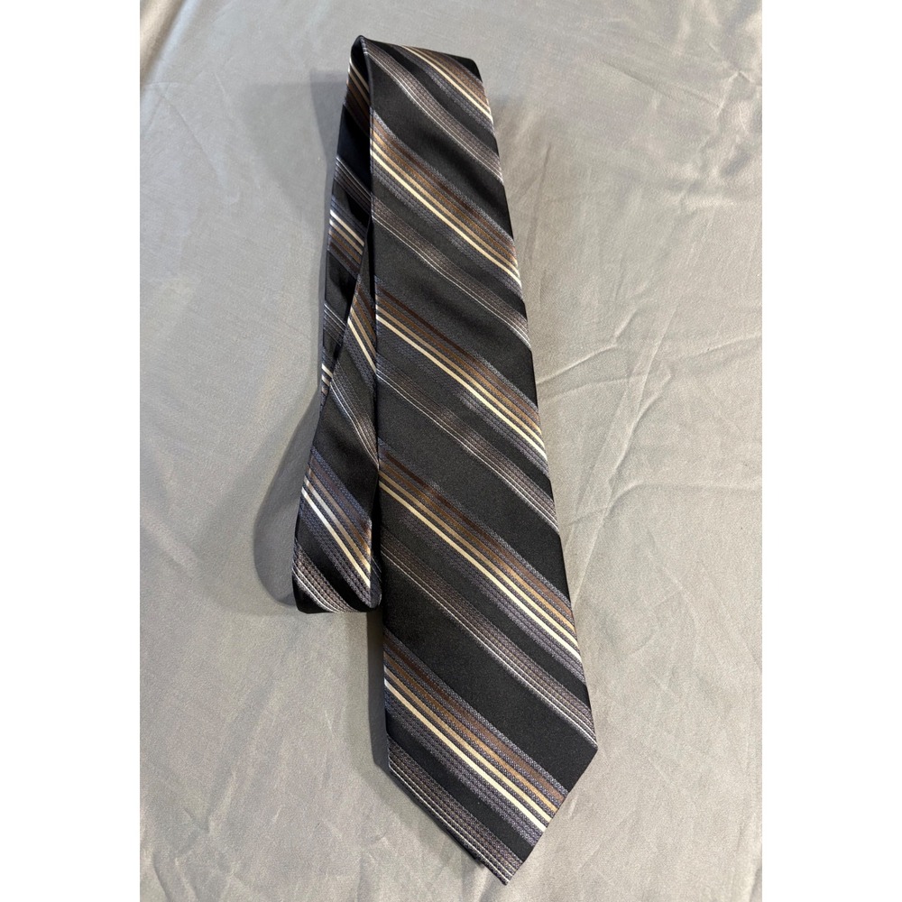 Perry Ellis Portfolio Mens Silk Blend Striped Necktie Black Grey Brown 58 Inch